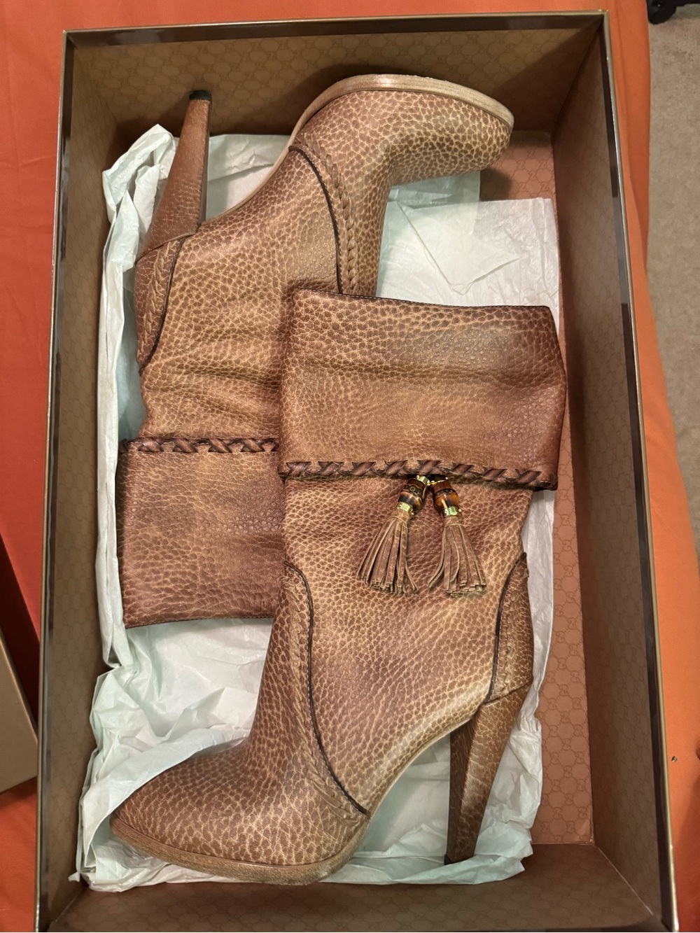 Gucci Brown Tassel Leather High-Heel Ankle Boots